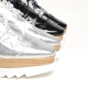 Women's High Thick Double Platform Lace Up Star Med Wedge Heel Metallic Glitter Silver Sneakers Shoes