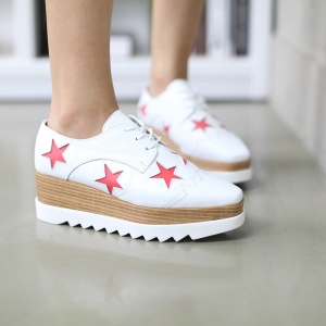 Women's High Thick Double Platform Lace Up Star Med Wedge Heel White Sneakers Shoes