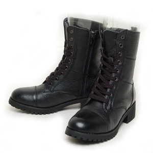 Women's Round Toe Black Leather Block Heel Mid-Calf Boots