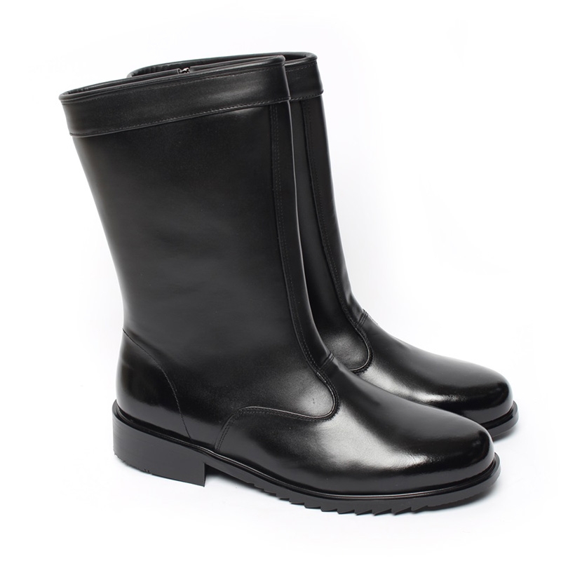 Men's Round Toe Black Leather Side Zip Closure Mid-Calf Boots
