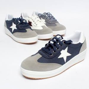 Women's Star Patched Eyelet Lace Up Platform Med Wedge Heel Navy﻿ Fashion Sneakers