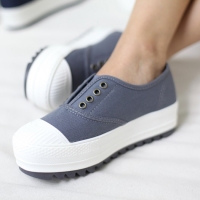 Women's Cap Toe Thick Platform Med Wedge Heel Gray Fashion Sneakers Shoes