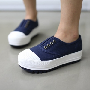 Women's Cap Toe Thick Platform Med Wedge Heel Blue﻿ Fashion Sneakers Shoes