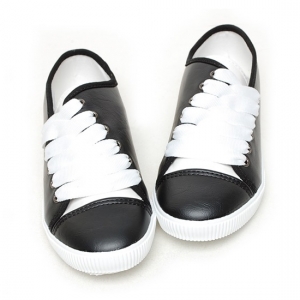 Women's Side Lace Up Closure Black Synthetic Leather Sneakers Shoes Cap Toe, Eyelet Side Wide Lace Up Closure, Black Synthetic Leather, Made in South Korea, White Platform, Fashion Sneakers Shoes﻿
