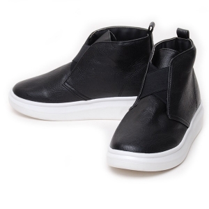 Women's Round Toe, Cross Elastic Band, Black Synthetic Leather, Made In South Korea, Back Tap, White Sole, Med Wedge Heel, High Top Fashion Sneakers Shoes﻿