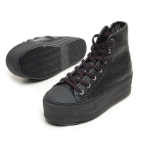 Women's Thick Platform Punching Black Synthetic Leather High Top Sneakers