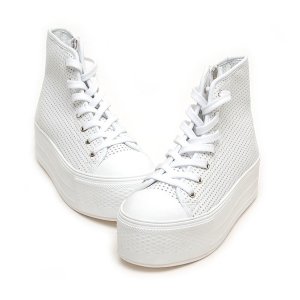 Women's Thick Platform Punching White﻿ Synthetic Leather High Top Sneakers