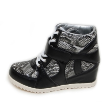Women's Velcro Strap Lace Up Hidden High Wedge Insole High Top Black Sneakers