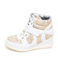 Women's Velcro Strap Lace Up Hidden High Wedge Insole High Top Beige Sneakers