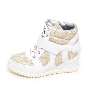 Women's Velcro Strap Lace Up Hidden High Wedge Insole High Top Beige ﻿Sneakers