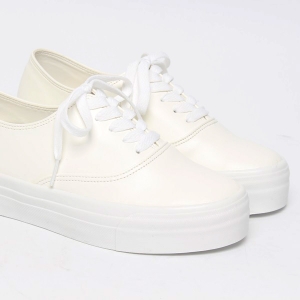 Women's Thick Platform White﻿ Synthetic Leather Low Top Sneakers Round Toe, Thick Platform, White﻿ Synthetic Leather, Made In South Korea, Low Top, White Sole, Lace Up, Fashion Sneakers Shoes﻿