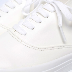 Women's Thick Platform White﻿ Synthetic Leather Low Top Sneakers Round Toe, Thick Platform, White﻿ Synthetic Leather, Made In South Korea, Low Top, White Sole, Lace Up, Fashion Sneakers Shoes﻿