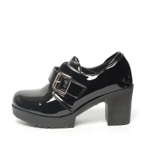 Women's Rip Tape Belt Strap Platform Med Chunky Heel Glossy Black Loafers Shoes