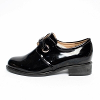 Women's Belt Strap Platform Low Block Heel Loafers Glossy Black Shoes