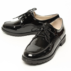 Women's Glossy﻿ Black Combat Sole Oxfords Shoes Apron Toe, Eyelet Lace Up, Made In South Korea, Combat Sole, Comfort Block Heel, Platform Low Heel, Glossy﻿ Black Oxfords﻿ Shoes﻿