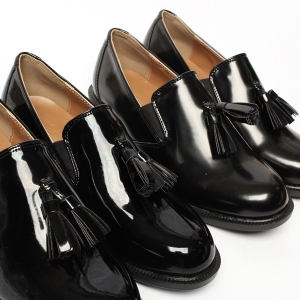 Women's Glossy﻿ Black Tassel Loafers Dress Shoes Round Toe, Tassel Decoration, Made In South Korea, Slip On, Comfort Block Heel, Platform Low Heel, Glossy﻿ Black Loafers﻿ Dress Shoes﻿