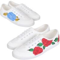Women's Rose Pattern White Fabric Low Top Sneakers Shoes