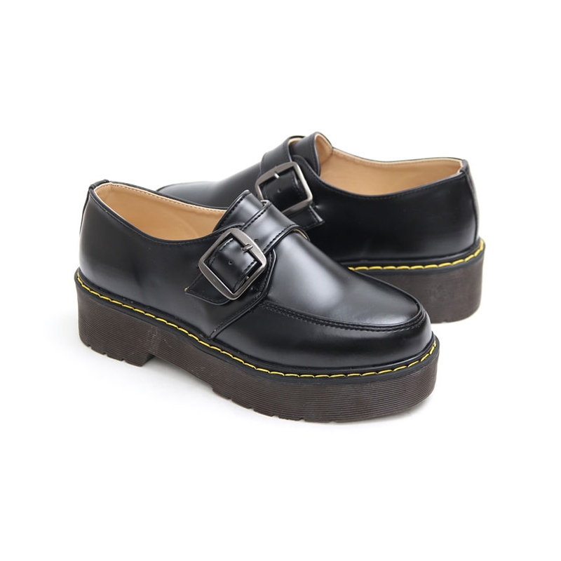 Women's Apron Toe Thick Platform Belt Strap Loafers Shoes