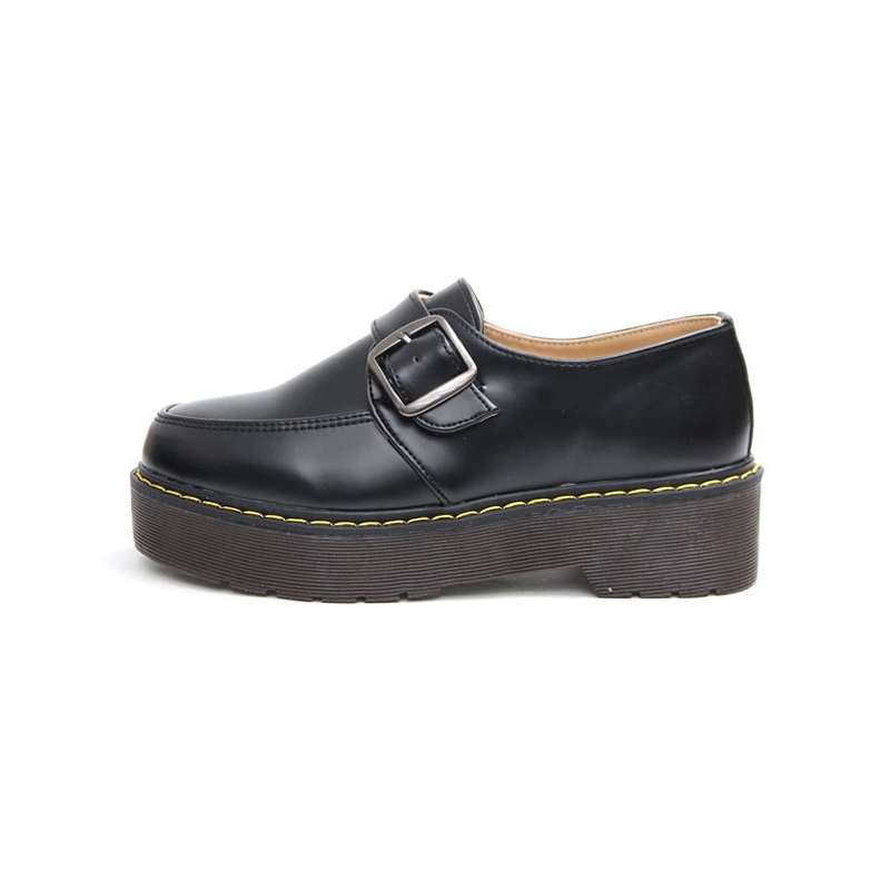 Women's Apron Toe Thick Platform Belt Strap Loafers Shoes