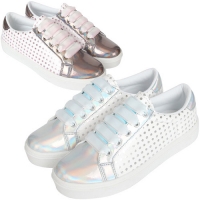 Women's Metallic Silver Pink Wide Lace Up Fashion Sneakers Shoes