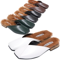 Women's Square Toe Fur Detail Slide Loafers Mule Shoes