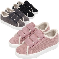 Women's Wide Eyelet Lace Up Corduroy Inner Fur Sneakers Pink Gray Black Shoes