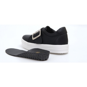 Women's Round Toe, Height Increasing Hidden Wedge Insole, 2.36inch (6cm) Up, Belt Strap, Slip On, Synthetic Leather, White Platform, Black White Sneakers Shoes