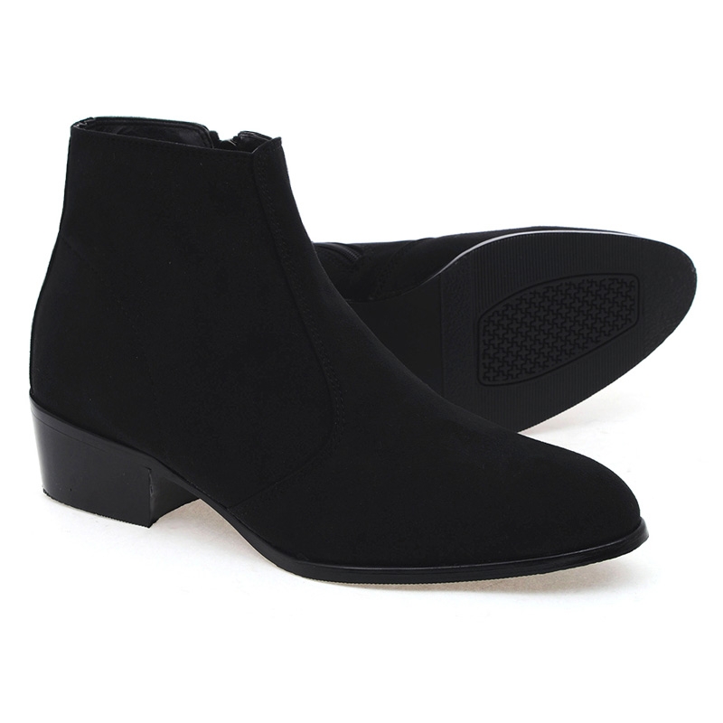 Men's Round Toe Side Zip Black Synthetic Suede Dress Boots