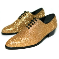 Men's pointed toe glitter gold synthetic leather closed lacing high heels oxfords