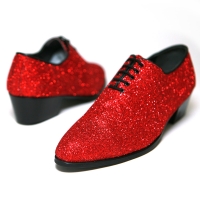 Men's pointed toe glitter red synthetic leather closed lacing high heels oxfords