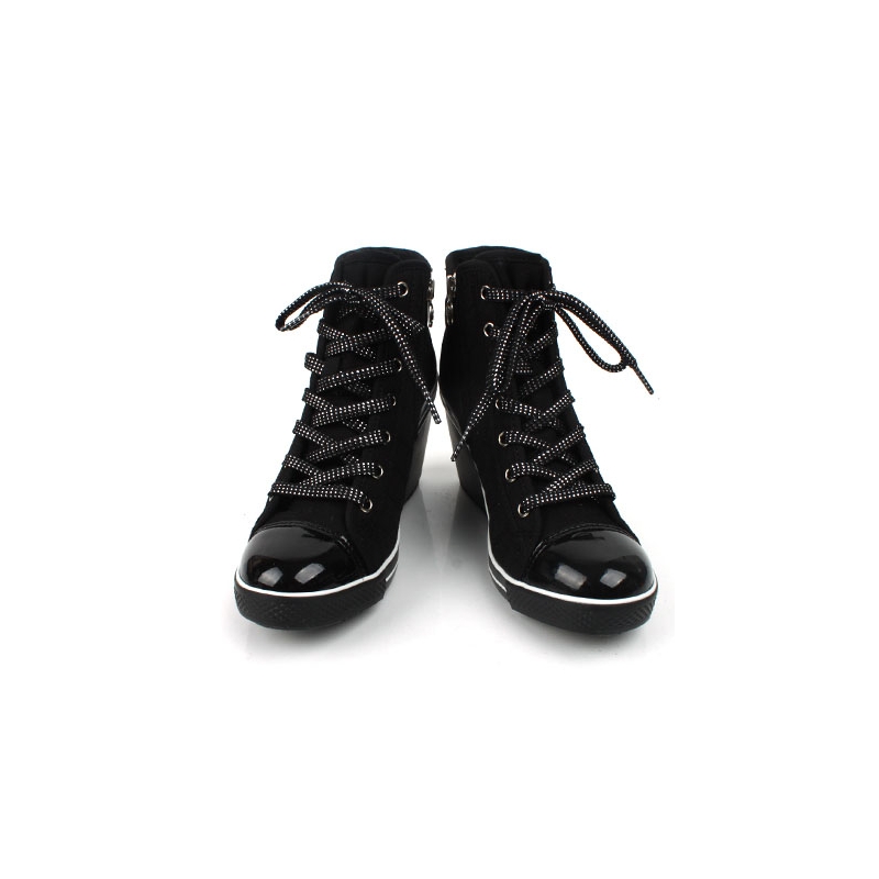 womens cap toe lace up wedge sneakers high top zipper shoes black